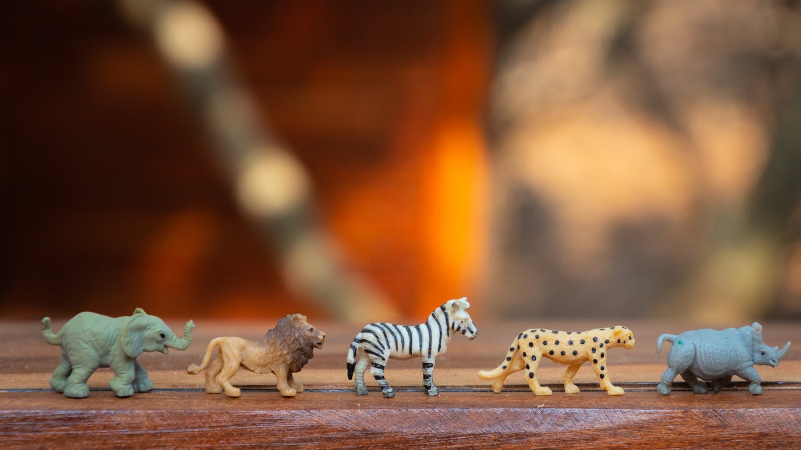 Figurines d'animaux sauvages alignées sur une planche en bois